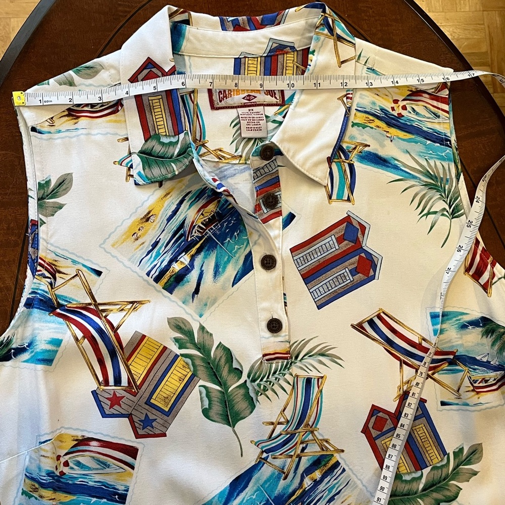 Caribbean Joe vintage dress with beach themed print. Sleeveless, lapel collar 2X - Picture 6 of 9